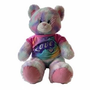 Build-A-Bear Authentic Pastel Multicolor Swirl Cat Plush With Love Tee Size 15”
